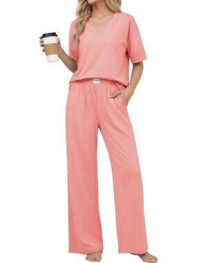 Women's Orange Pink Cotton Short Sleeve Sleepwear Pant Pockets Pajama Set